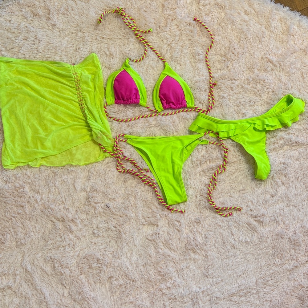 4 piece Neon Pink & Lime Green Triangle Bikini Set with Sheer Ruched Cover-Up